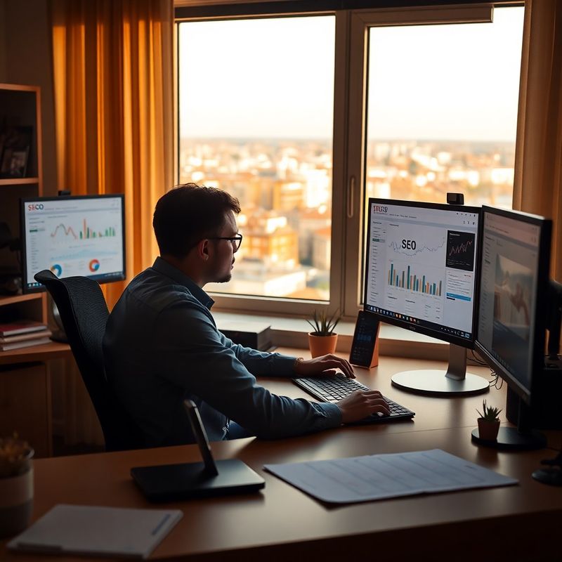 Specialist SEO lucrând la un birou cu două monitoare care afișează panouri SEO