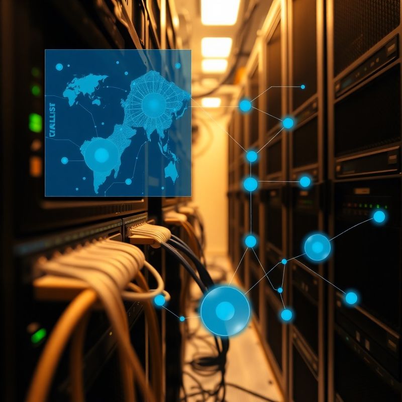 Infrastructură server cu diagrame tehnice suprapuse în tonuri azure